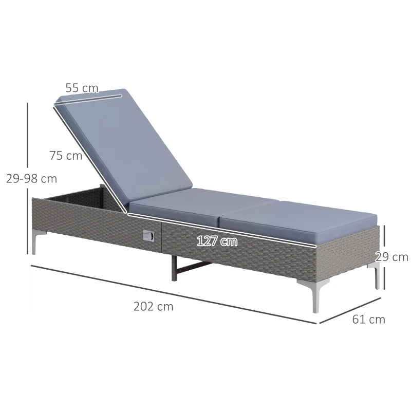 Dark Grey Rattan Sun Lounger with Adjustable Backrest & Washable Cushion for Patio & Garden