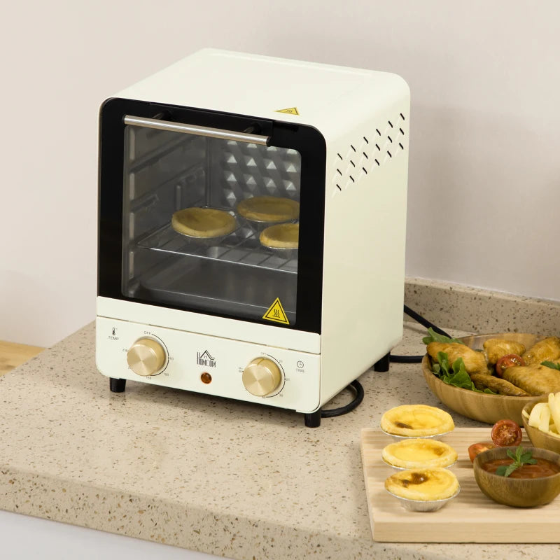 15L Mini Electric Oven & Grill - Adjustable 60-230°C, 60 Min Timer, Includes Baking Tray & Wire Rack, 1000W, Cream White