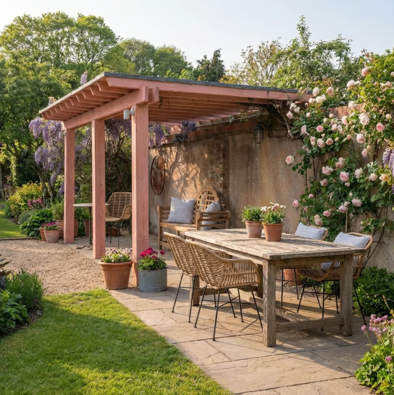 Planed Larch Lean-To Gazebo with Katepal Grey Shingle Roof