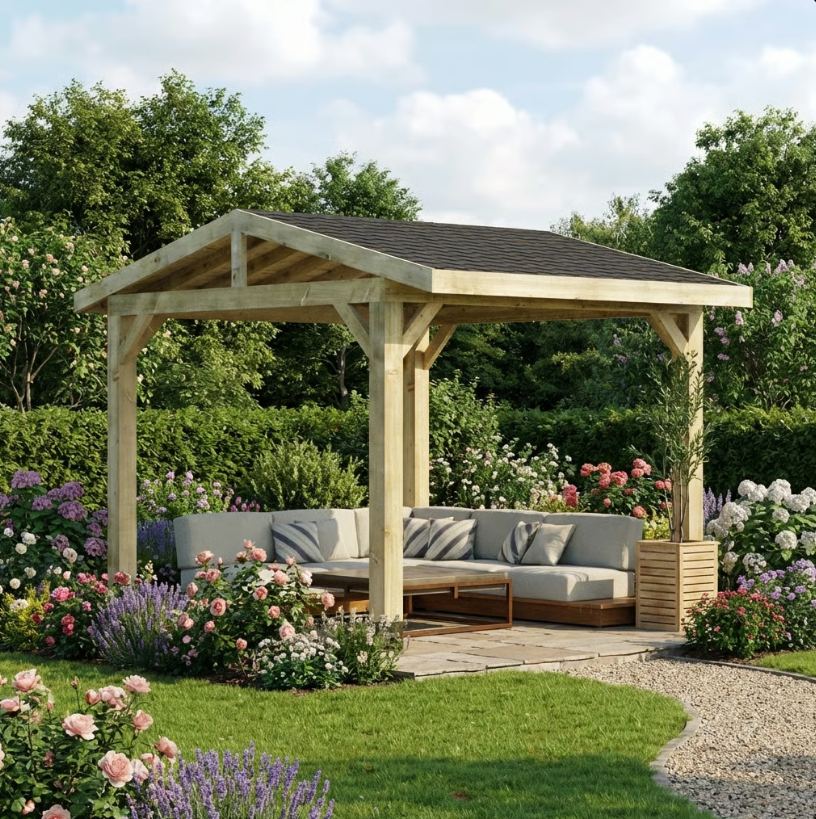 Ruby Wooden Apex Gazebo with Katepal Black Shingle Roof - Modern Weatherproof Garden Gazebo (No Overhang)