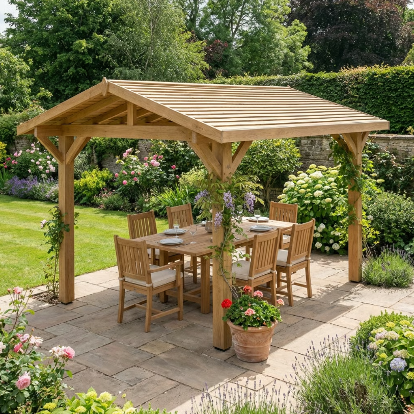 Ruby Oak Apex Gazebo with Treated Featheredge Roof and Overhang