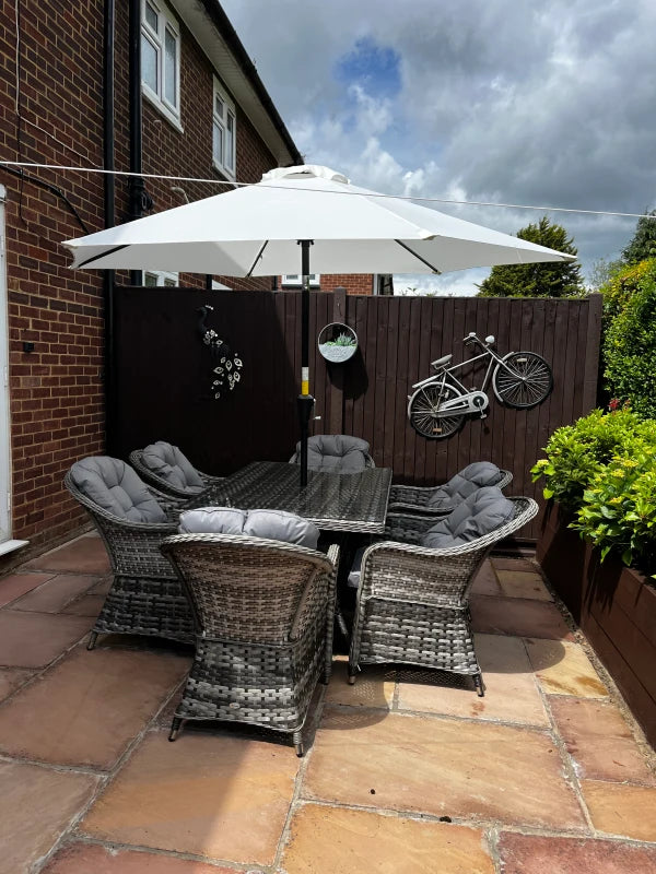 Grey 7-Piece Grey Rattan Outdoor Dining Set with Glass Table & Umbrella Hole