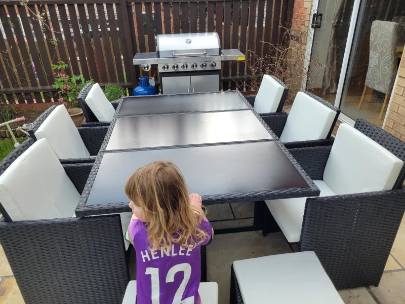 Black 11 Piece Rattan Dining Set With White Cushions