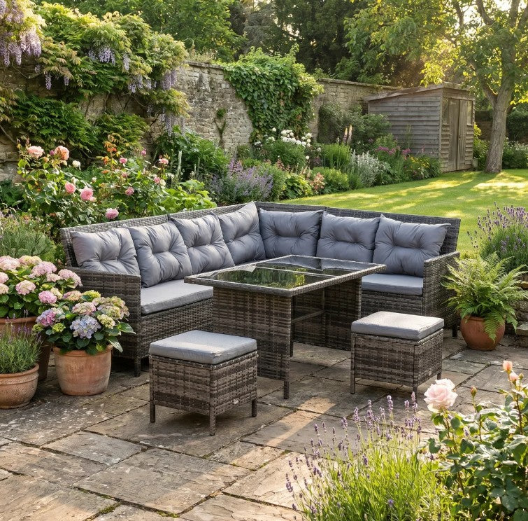 Mixed Grey 8-Seater Wicker Sofa Set With Glass Table & Cushions
