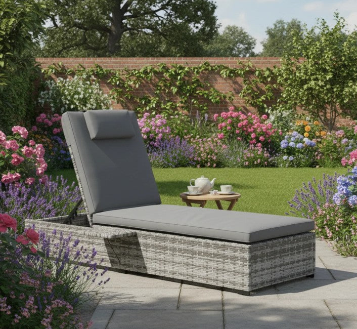 Grey Rattan Sun Lounger with Cushion & Tea Tray - 5-Level Reclining Outdoor Patio Furniture