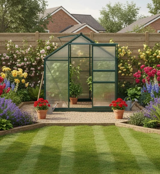 Dark Green 6ft x 8ft Polycarbonate Walk-In Greenhouse with Sliding Door and Window
