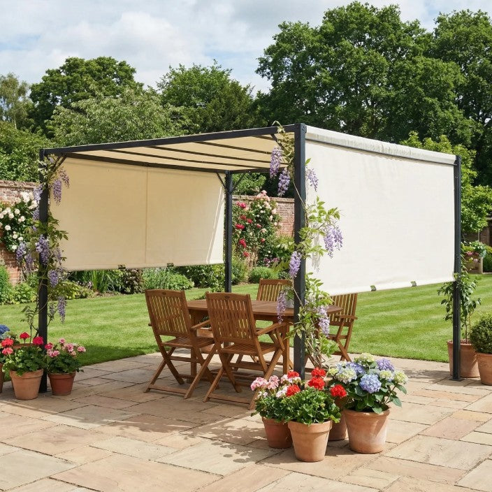 3x3m Metal Pergola with Sliding Canopy Roof – Heavy-Duty Garden Gazebo Party Tent Sun Shelter in Cream White & Black