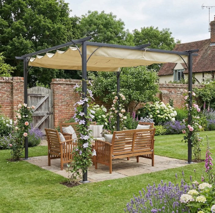 3m x 3m Beige Metal Pergola - Outdoor Garden Gazebo