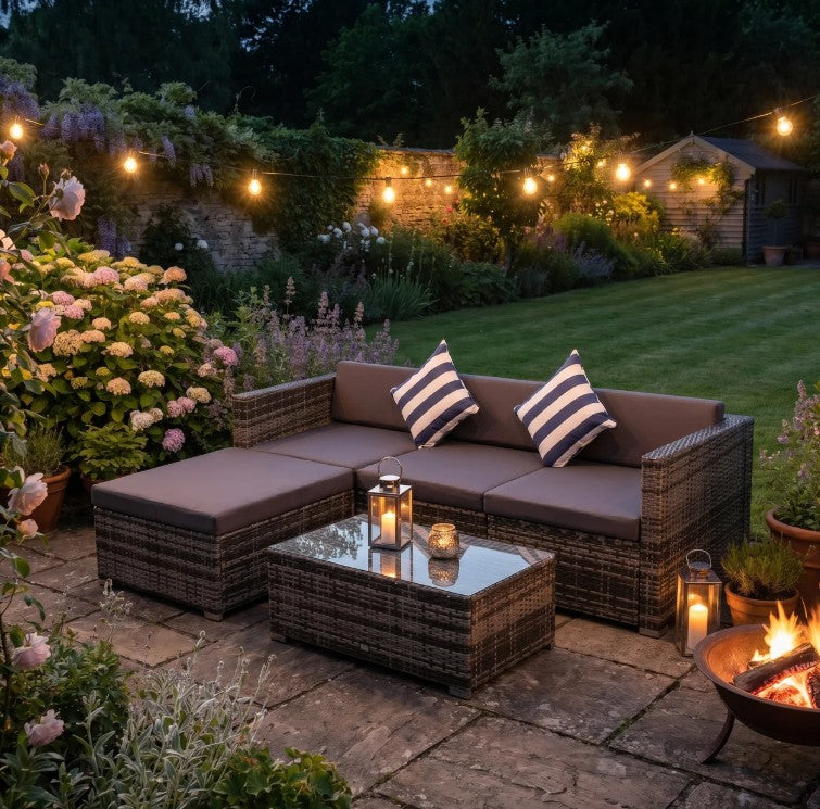 Mixed Brown L-Shaped 3 Seater Sofa With Dark Grey Cushions, Striped Pillows and Glass Top Coffee Table