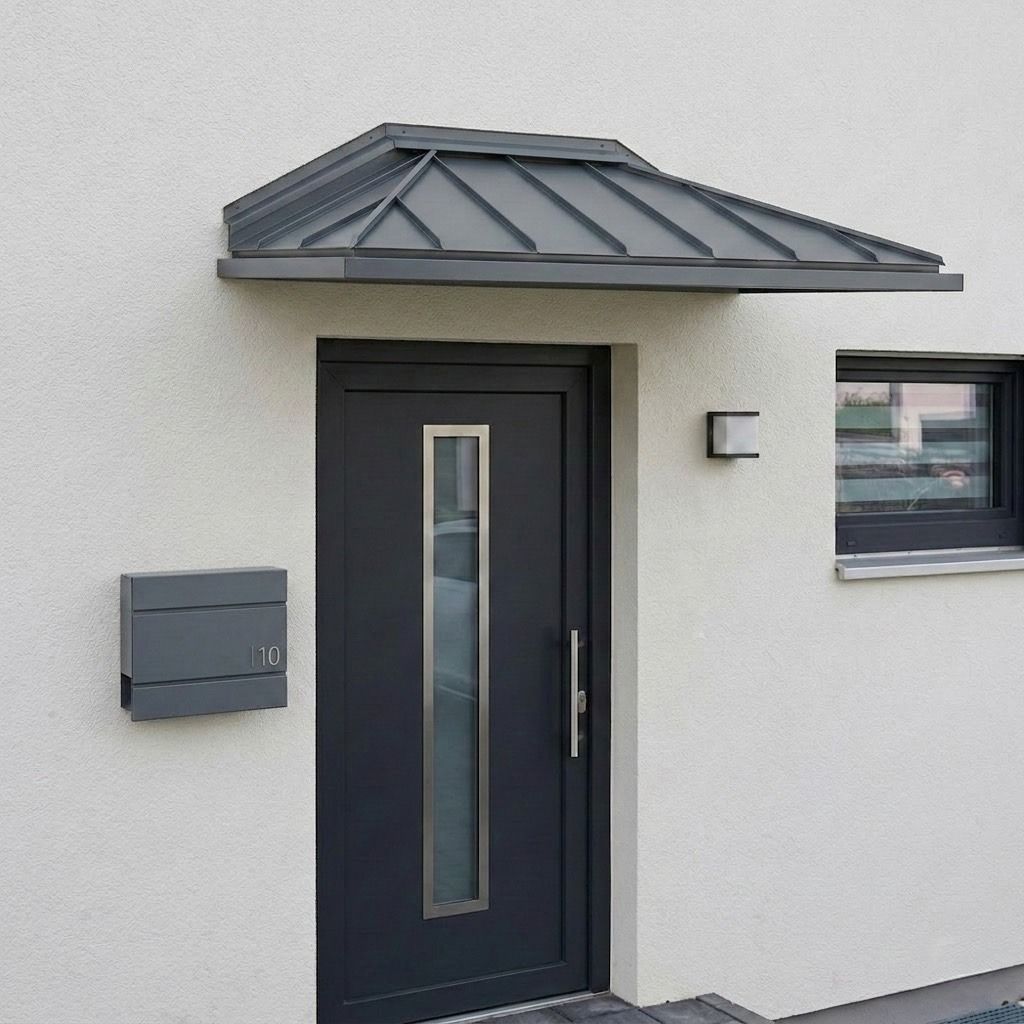 Aluminium Hipped Door Canopy with LED Spotlights & Integral Drainage – 1600mm or 2100mm – Anthracite Grey or Black