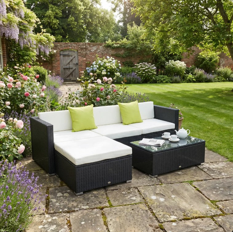 Black 4-Seater Rattan Sofa Set With Coffee Table and Cushion Pillows