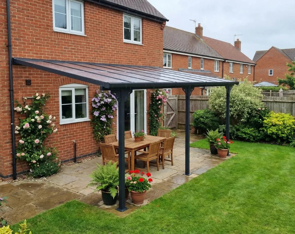Aluminium Lean To Metal Pergola - 4.35m x 3m, PC Roof, Grey