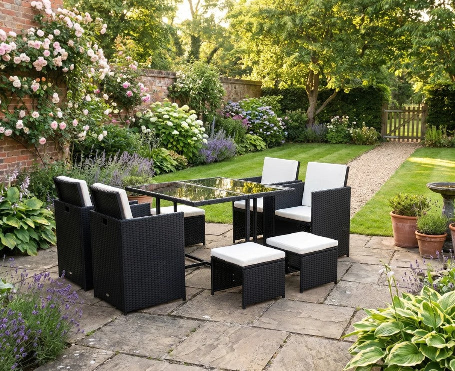 Black 9 Piece Rattan Dining Set With Glass Top Table & White Cushions