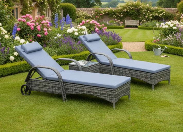 Grey Rattan Sun Lounger Set with Recliners and Coffee Table