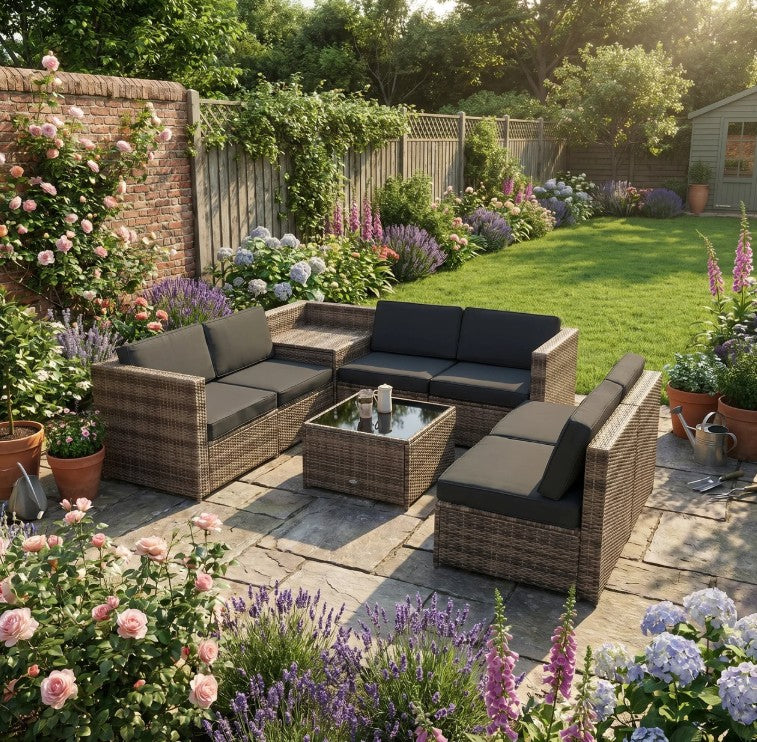 Brown 8 Piece Rattan Furniture Set with Cushions - x3 Two Seater Sofas With Table and Cushions