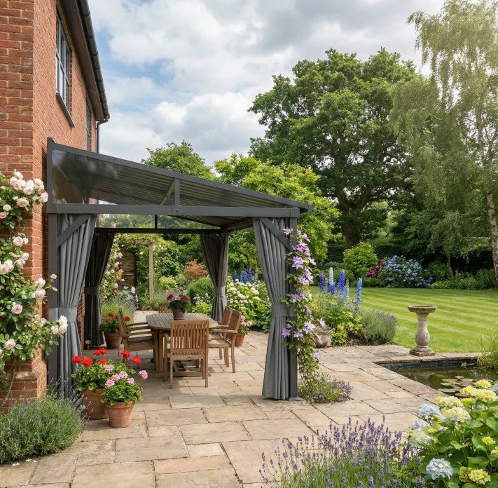 4.3m x 3m Lean-To Garden Pergola with Galvanised Steel Roof – Dark Grey Patio Gazebo with Netting Curtains for All-Weather Outdoor Living