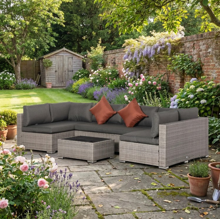 Grey Four-Piece 6 Seater Rattan Corner Sofa Set With Red Cushions