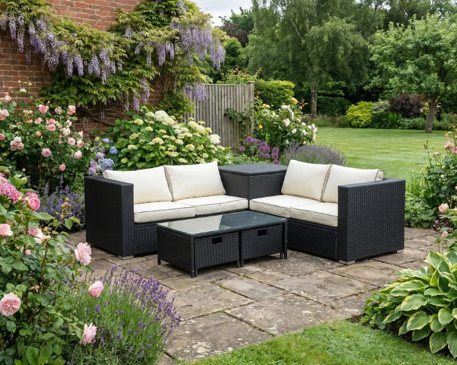 4 Seater Black Wicker Sofas With Cream Cushions, Glass Top Table and Storage Unit