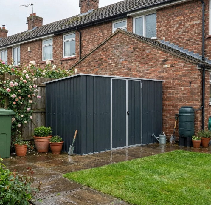 11ft x 5.6ft Dark Grey Steel Garden Shed With Lockable Doors and Gloves