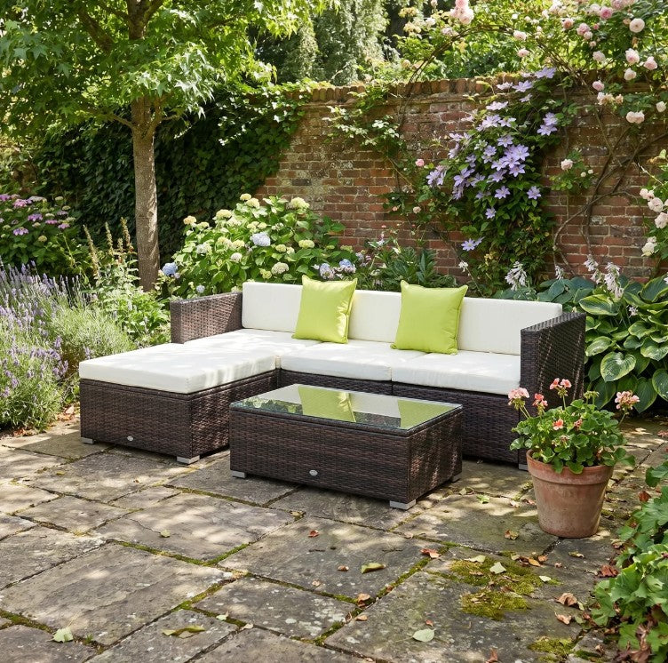 Brown L-Shaped 3 Seater Sofa With Beige Cushions and Glass Top Coffee Table