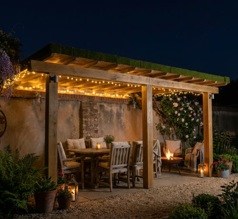 Oak Lean-To Pergola with Katepal Green Shingle Roof
