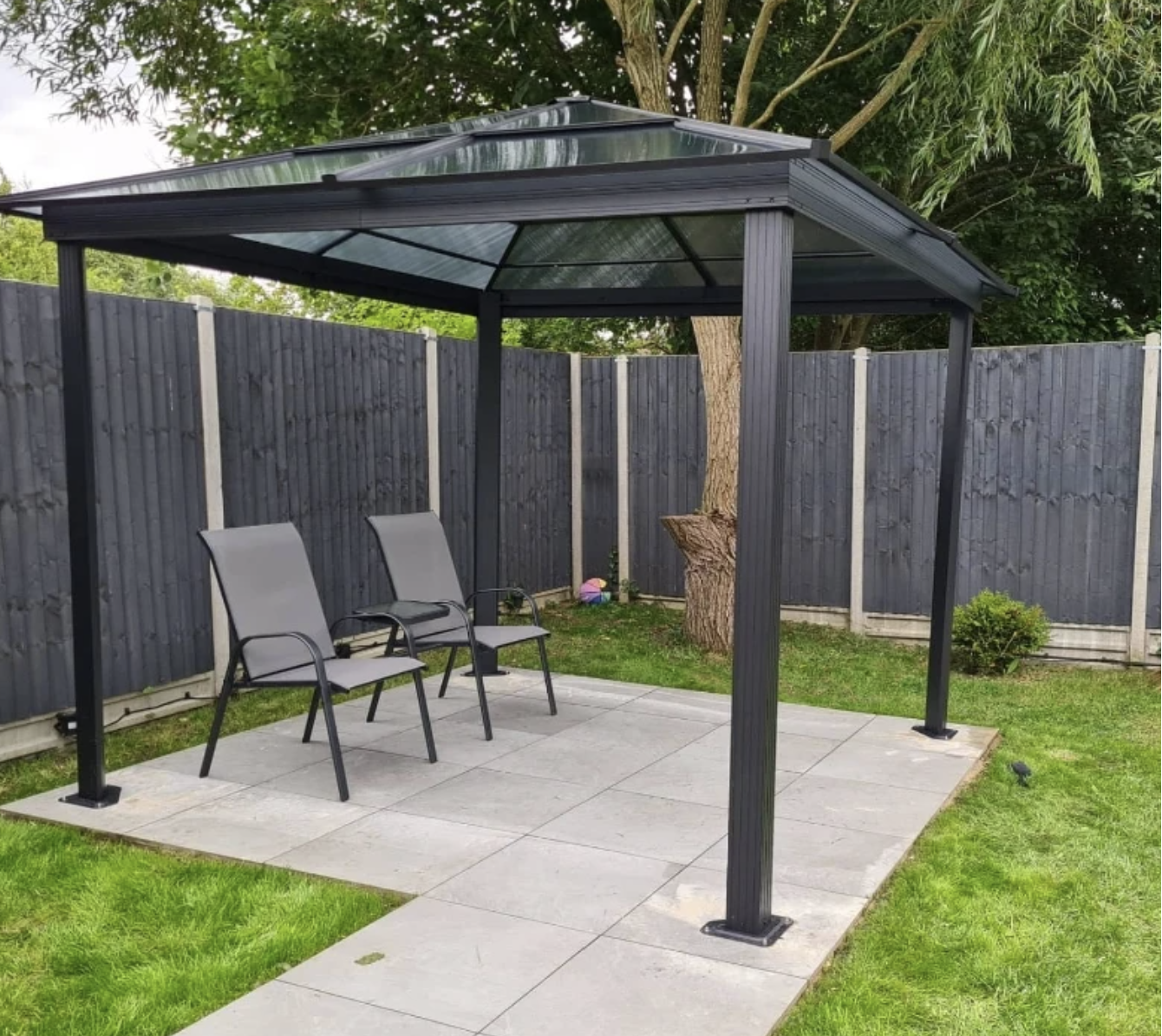 Deluxe 3x3m Garden Gazebo with Curtains & Mosquito Netting – Dark Grey Aluminium Frame & Polycarbonate Roof for Patio