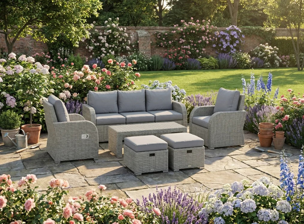 Dark Grey 6-Piece Rattan Garden Lounge Set with Reclining Armchairs, Hidden Footstools & Coffee Table