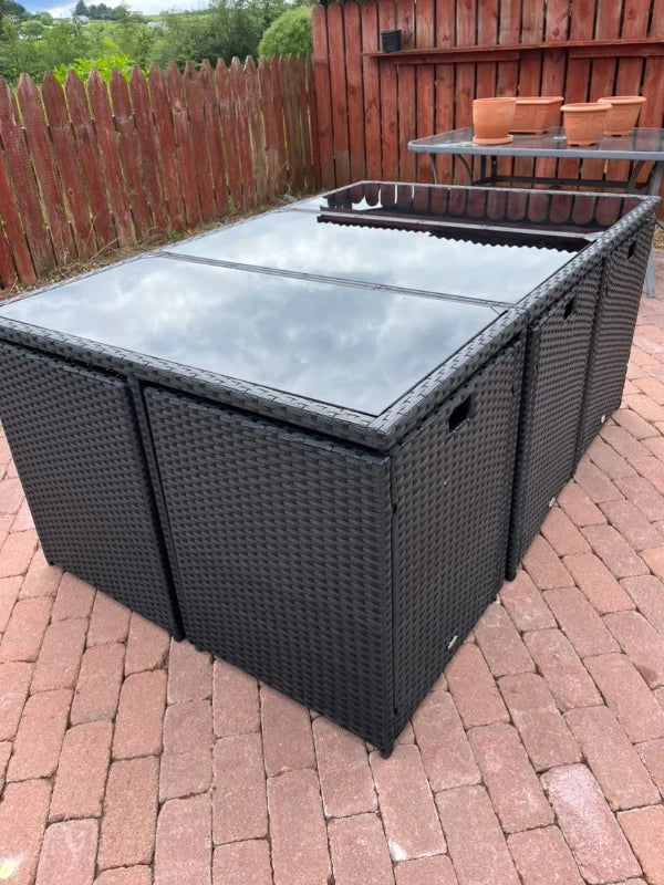 Black 11 Piece Rattan Dining Set With White Cushions