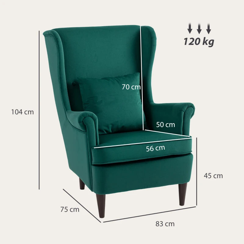 Stylish Upholstered Wingback Armchair with High Backrest and Pillow for Living Room or Bedroom, Dark Green Velvet