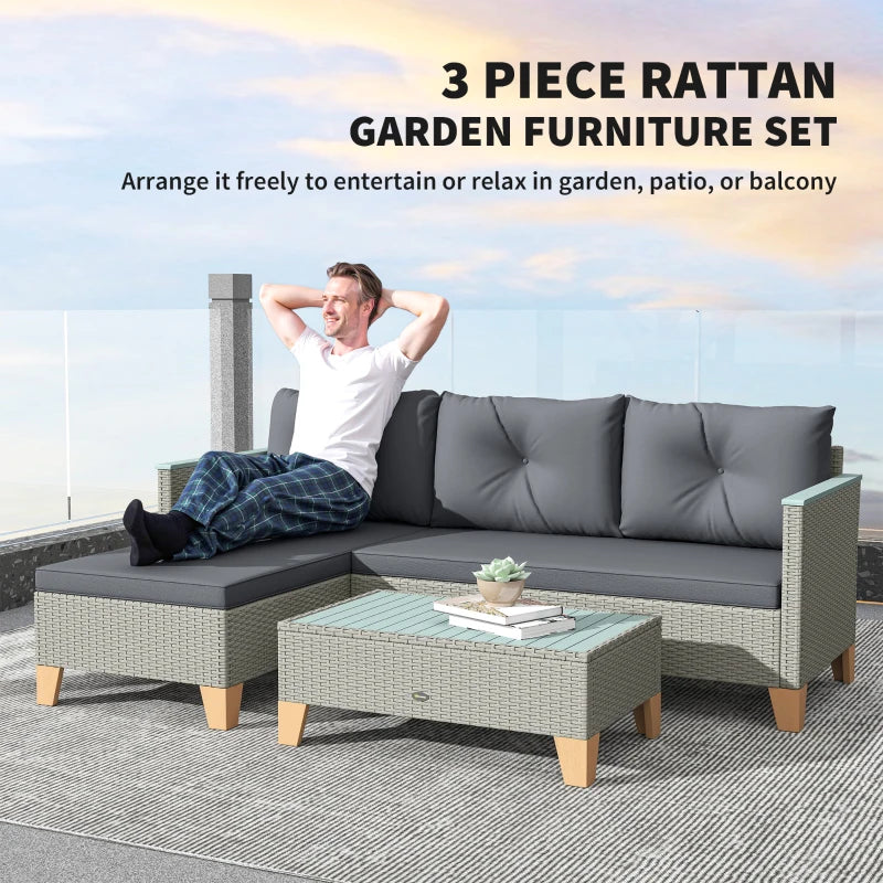 3-Piece Rattan Garden Furniture Set - L-Shaped Chaise Lounge & Coffee Table with Cushions
