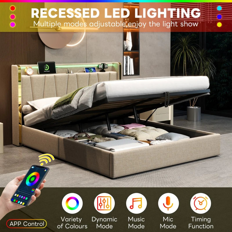 Double Upholstered Bed Frame with Hydraulic Storage and LED Headboard USB Type-C Charging Beige
