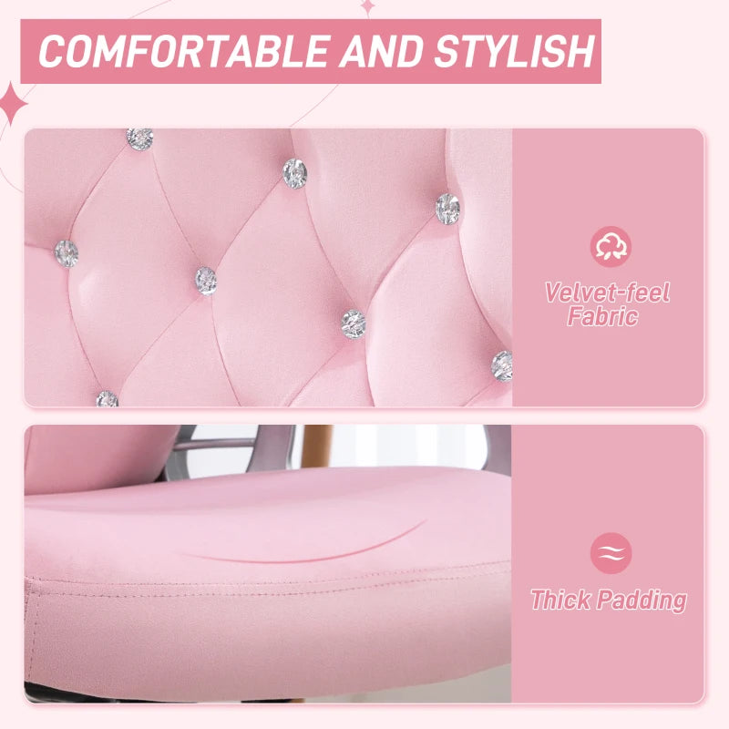 Vinsetto Pink Velvet-Feel Office Chair with Diamante Back - Stylish Ergonomic Design for Home & Office