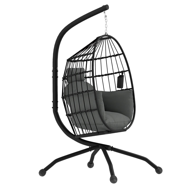 Hanging Egg Chair - Dark Grey - Outdoor Indoor Garden Swing Chair with Folding Basket, Thickened Cushion, Stand, Headrest & Cup Holder - Perfect for Patio & Balcony
