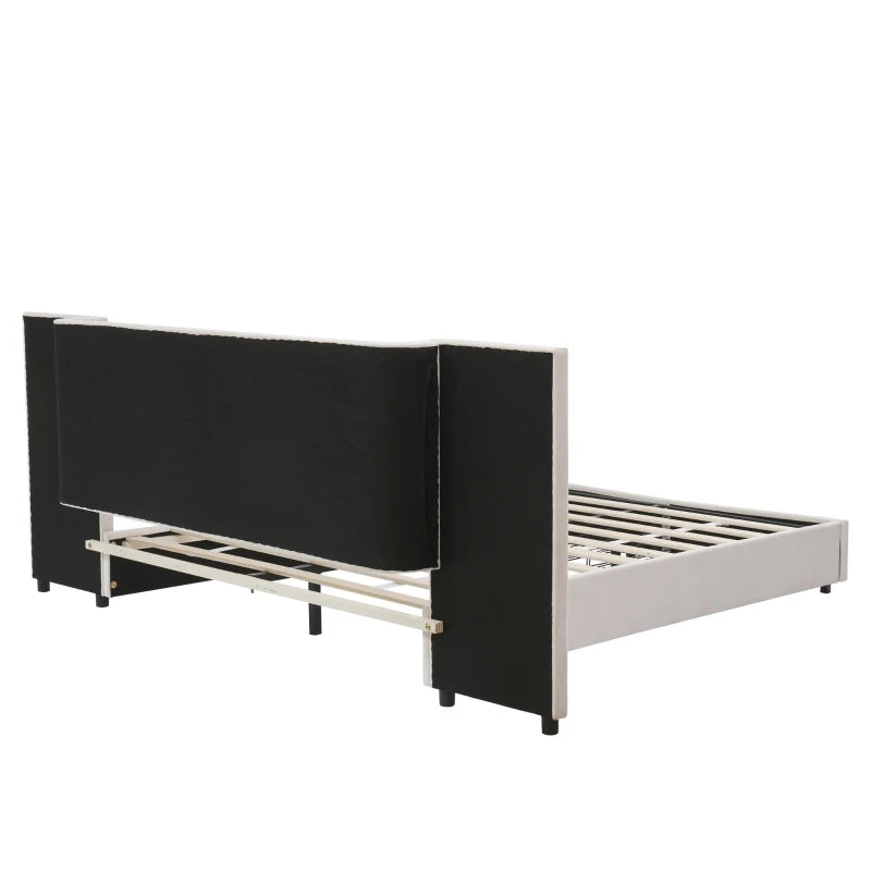 Beige Upholstered Double Bed Frame with Storage Drawers & Headboard Pockets - Velvet & Plywood, 229L x 222.5W x 87.5H cm