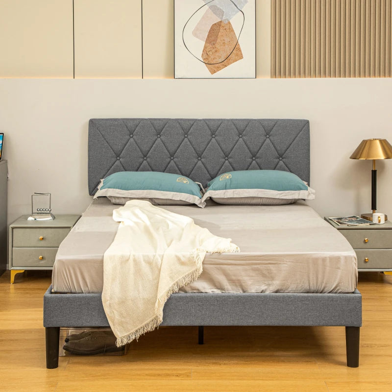 Adjustable Linen Upholstered Double Bed Frame with Stylish Headboard in Grey 145x196x120cm