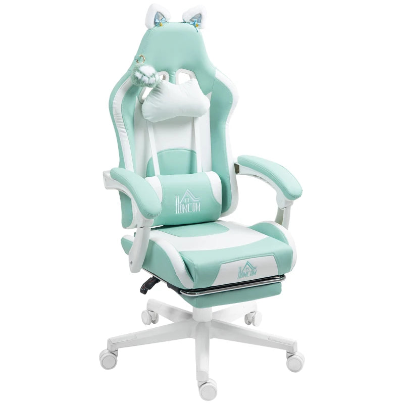 Cat Ear and Paw Reclining Office Chair with Footrest - Cute Light Blue/White Design for Comfort and Style