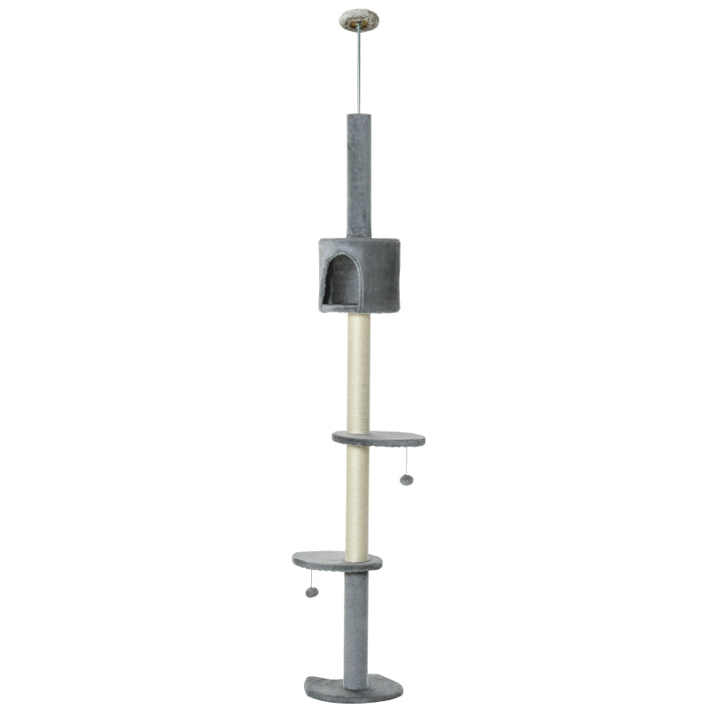 Light Grey Floor to Ceiling Cat Tree - Multi-Layer Condo & Activity Center for Indoor Cats with Scratching Post & Hanging Balls