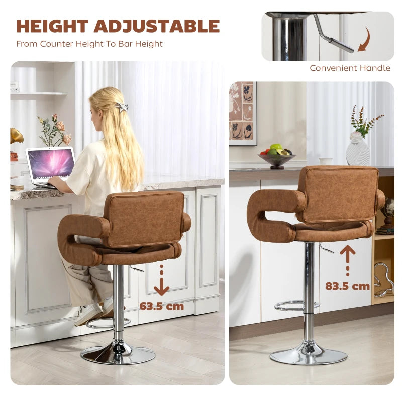 Adjustable PU Leather Swivel Bar Stool with Backrest, Armrests & Footrest - Brown Upholstered Height-Adjustable Seating