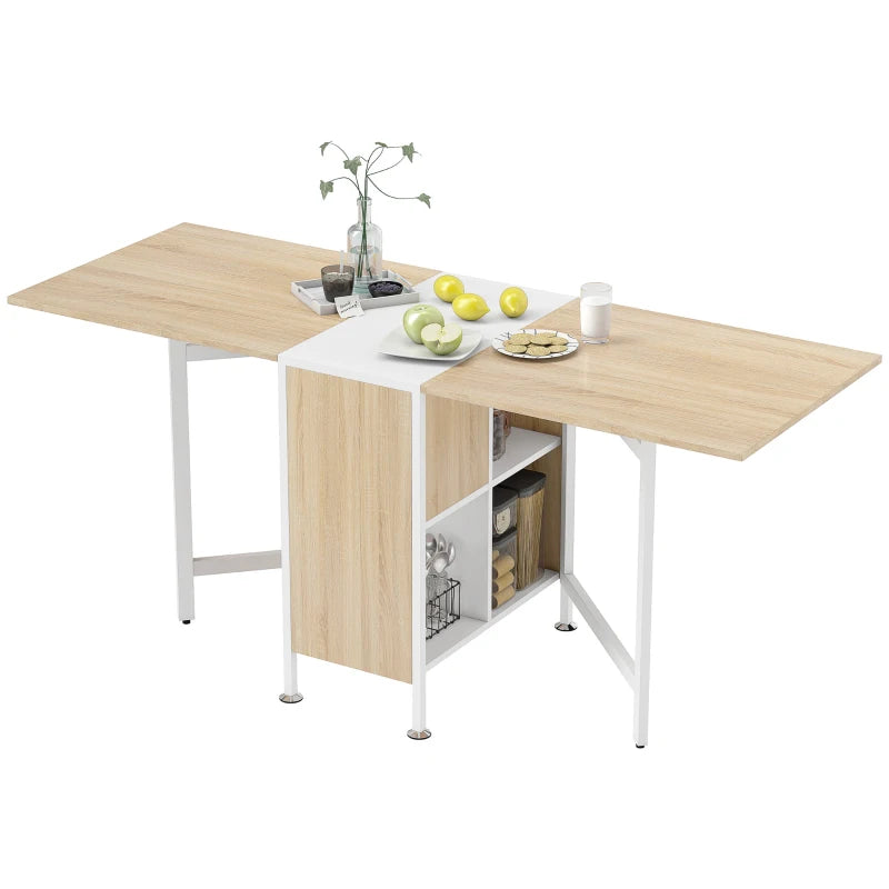 Foldable Drop Leaf Dining Table with Storage Shelves - Compact Oak & White Workstation for Small Spaces