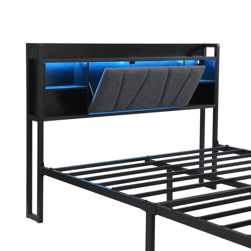 Modern Metal Bed Frame with LED Lights & Charging Ports, Storage Drawers, Padded Headboard, 209x137.5x100 cm, Black