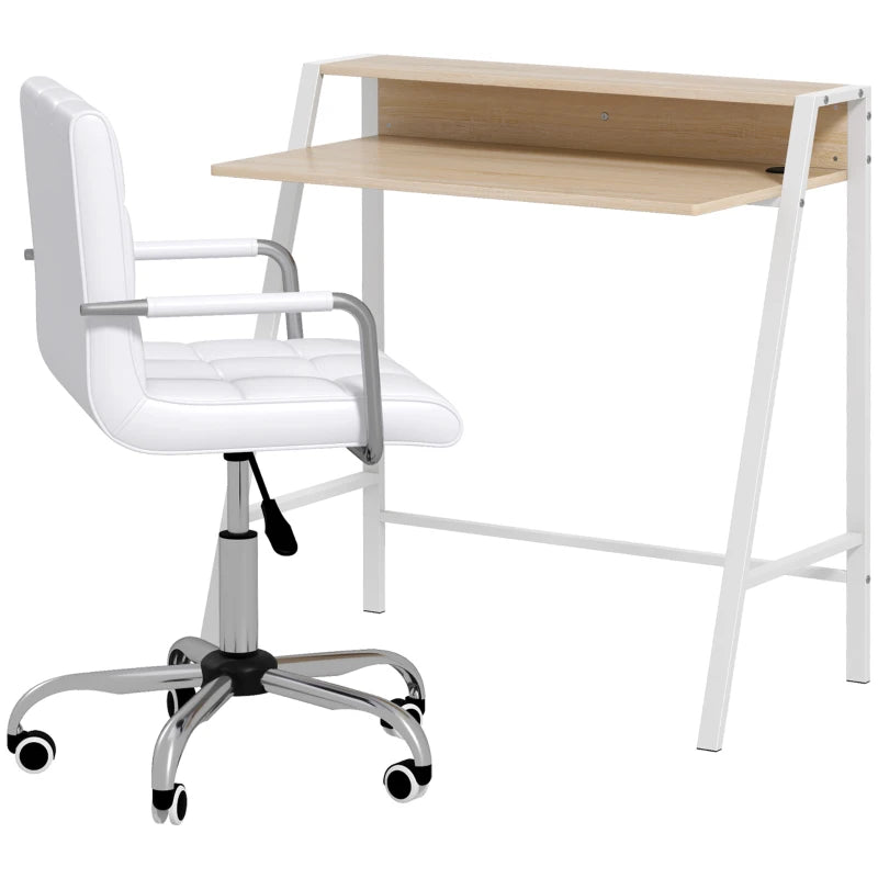 Home Office Chair and Computer Desk Set - Faux Leather Swivel Chair with Storage Shelf - Modern White Study Desk