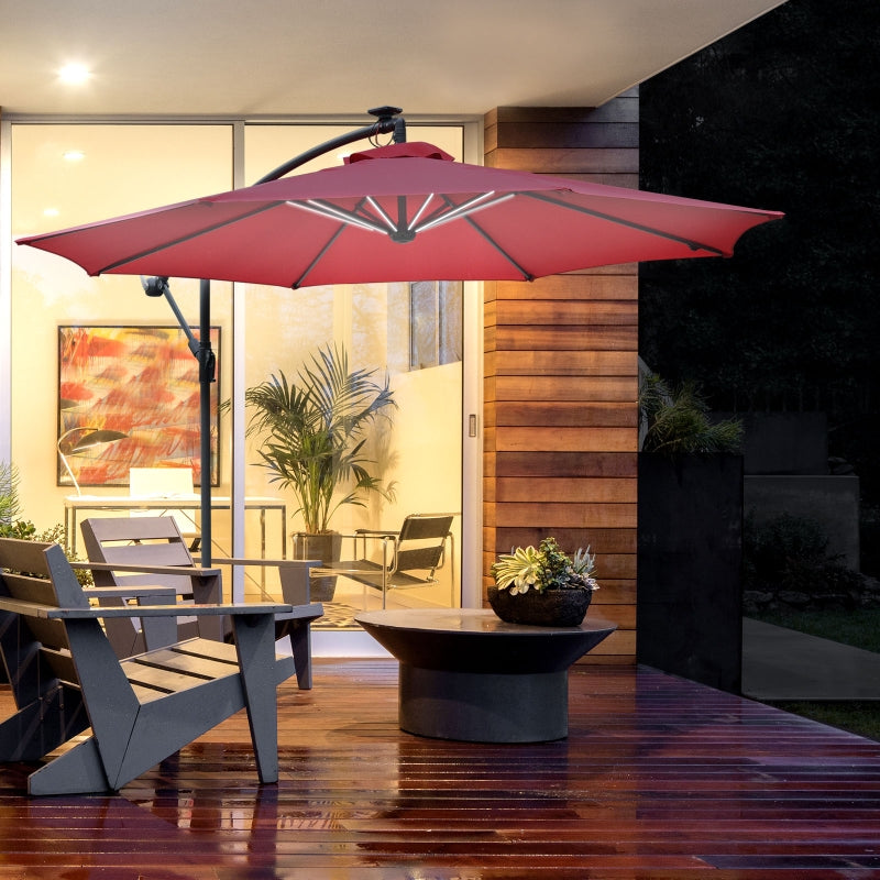 LED Solar Umbrella Parasol - Wine Red, 2.95x2.45m