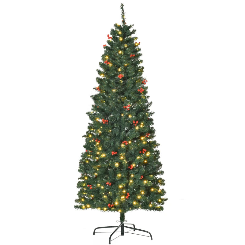 6FT Prelit Artificial Pencil Christmas Tree with Warm White LED Lights & Red Berries - Festive Holiday Home Decoration