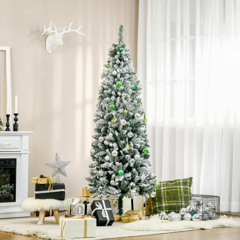 6 Ft Snow Flocked Artificial Christmas Tree - Realistic Pencil Tree with Auto Open & Pinewood Base - Green Xmas Decor