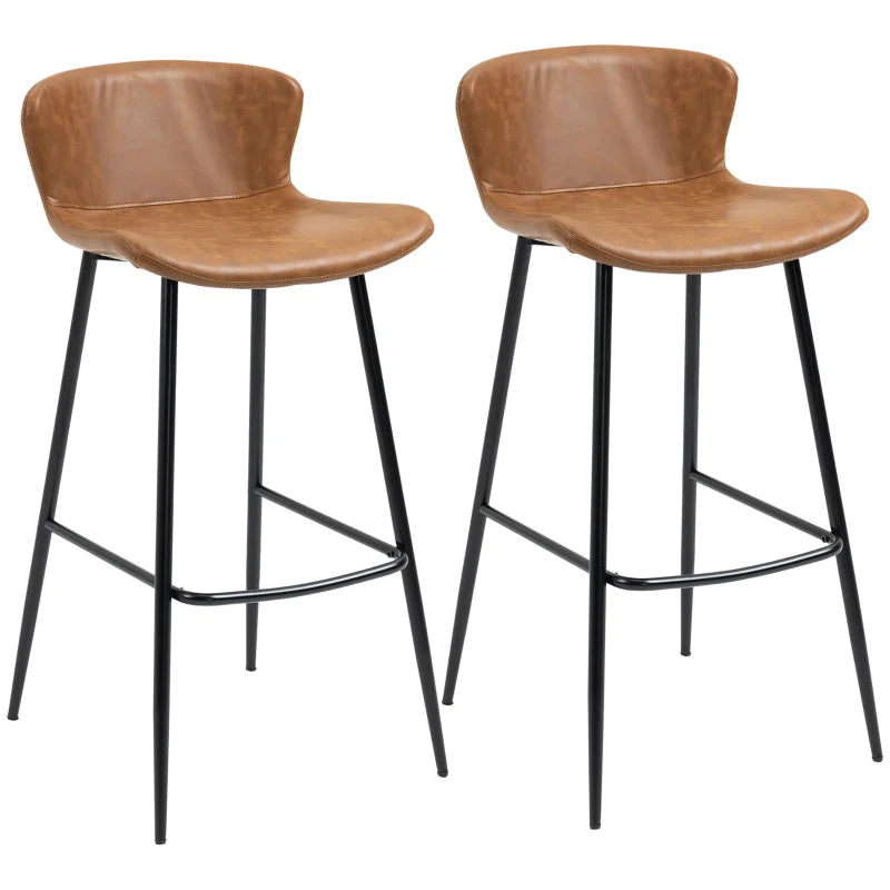 Set of 2 Brown PU Leather Bar Stools with Backs, Steel Legs & Footrests - Stylish Kitchen Counter Chairs