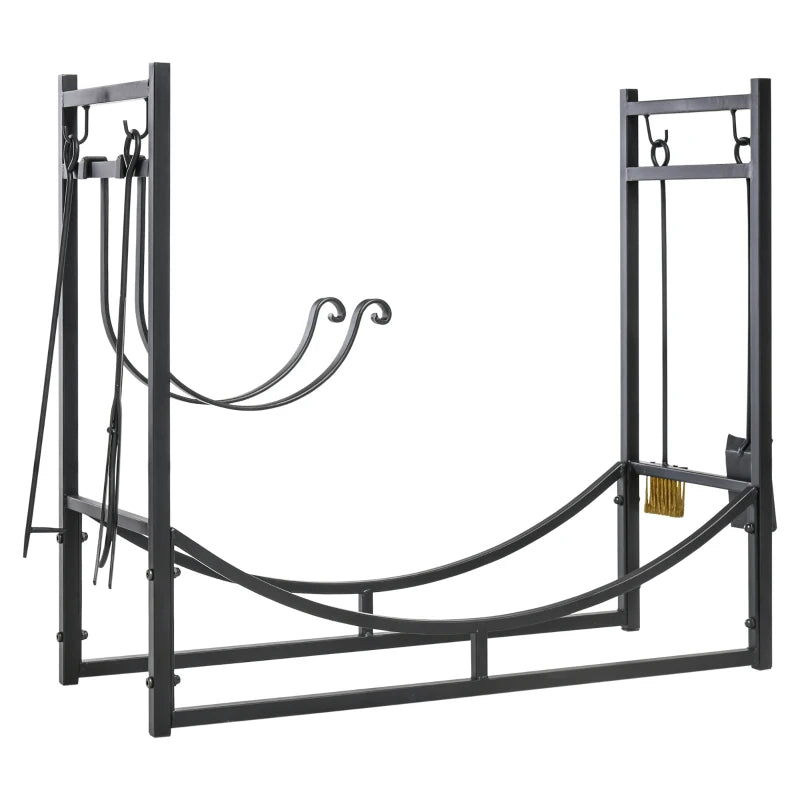 Metal Firewood Log Holder Rack - 2 Tier Indoor Outdoor Fireplace Storage with Tools & Hooks, Black, 84W x 33D x 76H cm