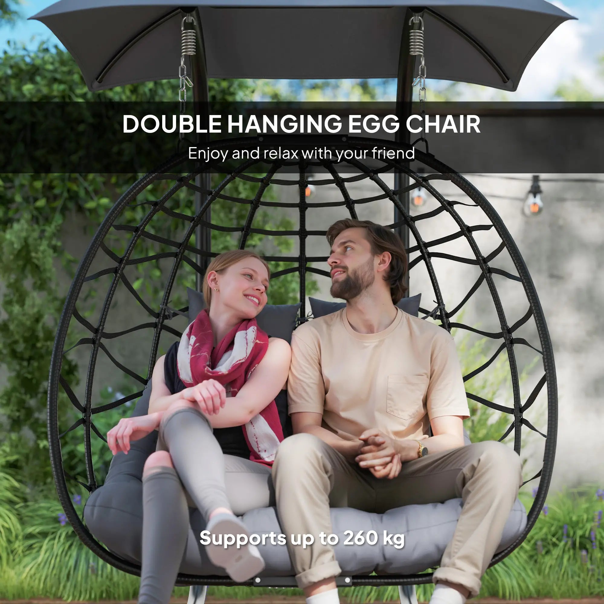 Rattan Double Hanging Egg Chair with Canopy - Foldable Swing/Egg Chair with Cushion, Head Pillows, Stand & Steel Frame
