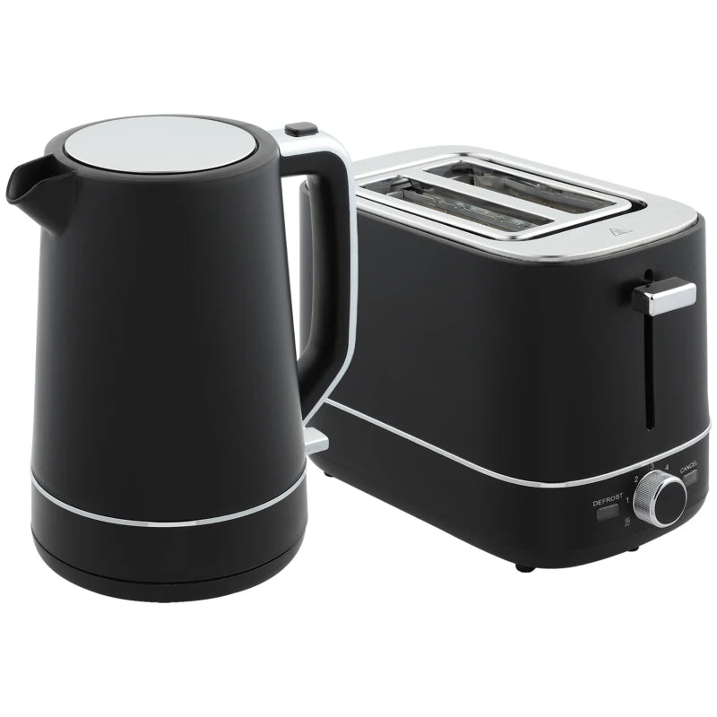 Premium Black Kettle and Toaster Set - 1.7L Fast Boil 3000W Kettle & 2 Slice Toaster with 6 Browning Levels