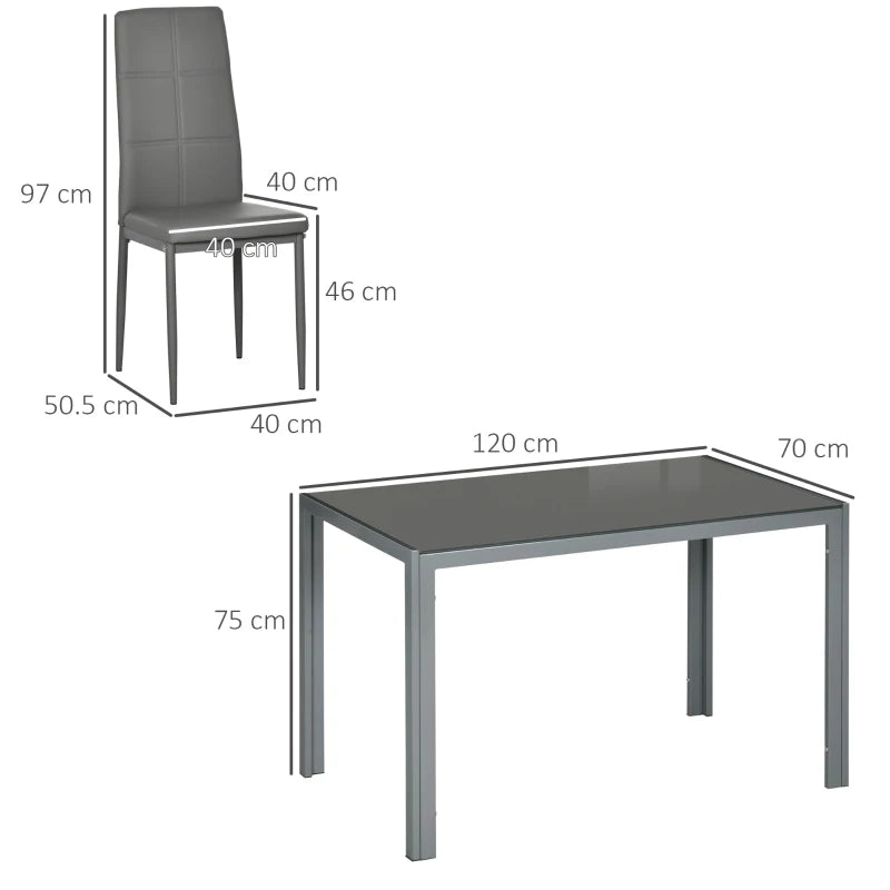 5-Piece Grey Kitchen Dining Table Set with Glass Top & 4 Faux Leather Chairs - Modern Metal Frame Design