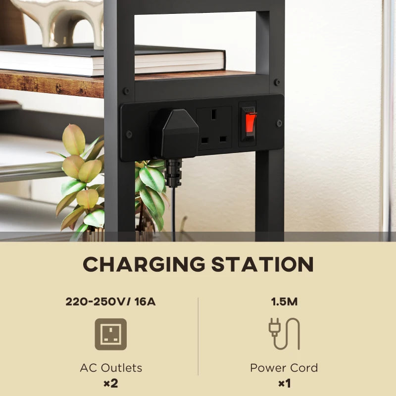 Rustic Brown 4-Tier Printer Stand with Power Outlets & Wheels - Mobile Office Storage Solution
